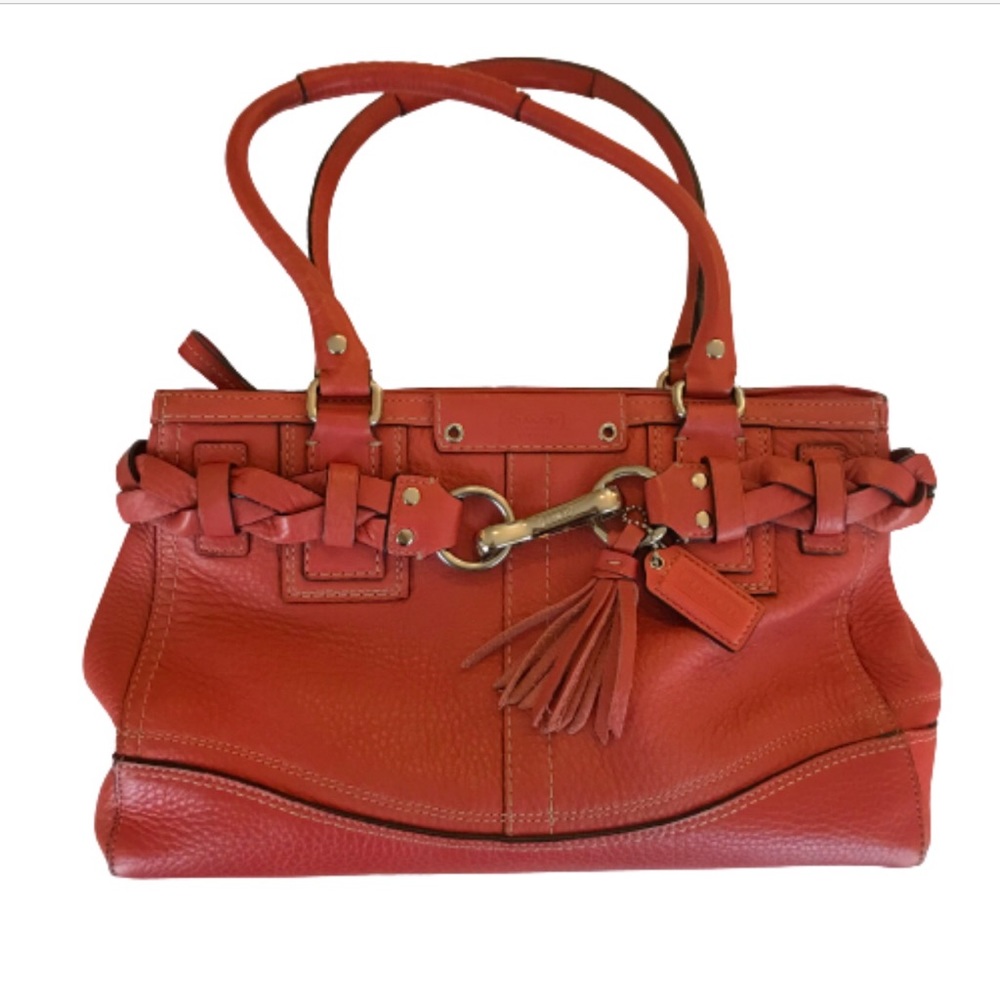 COACH HAMPTON BRAID BELT LEATHER SATCHEL/CORAL